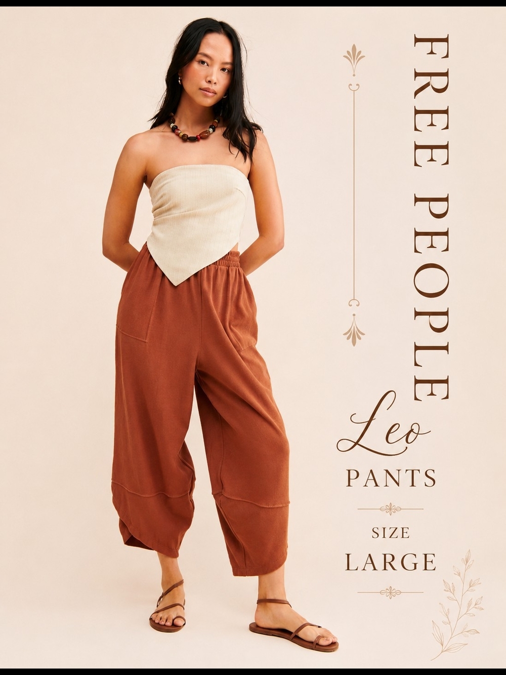 Free People Leo High Rise Waffle Knit Pants L Sienna Burnt Orange Split Hem Boho